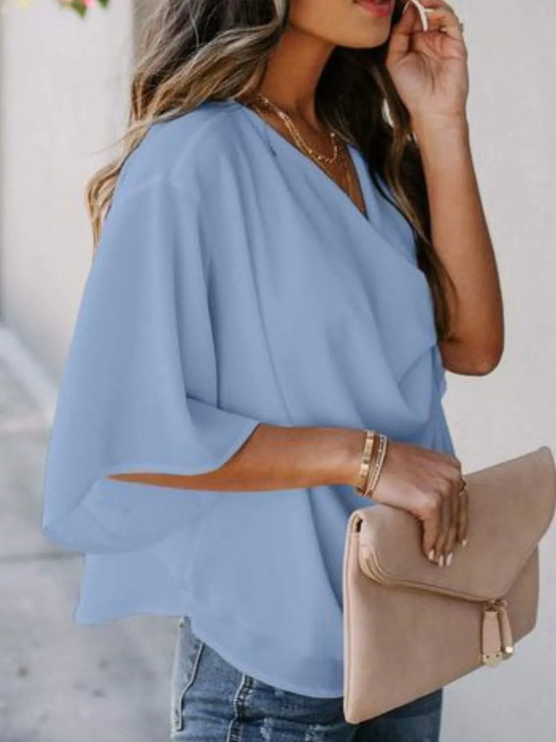 Full Size Ruched Three-Quarter Sleeve Blouse Plus Size 