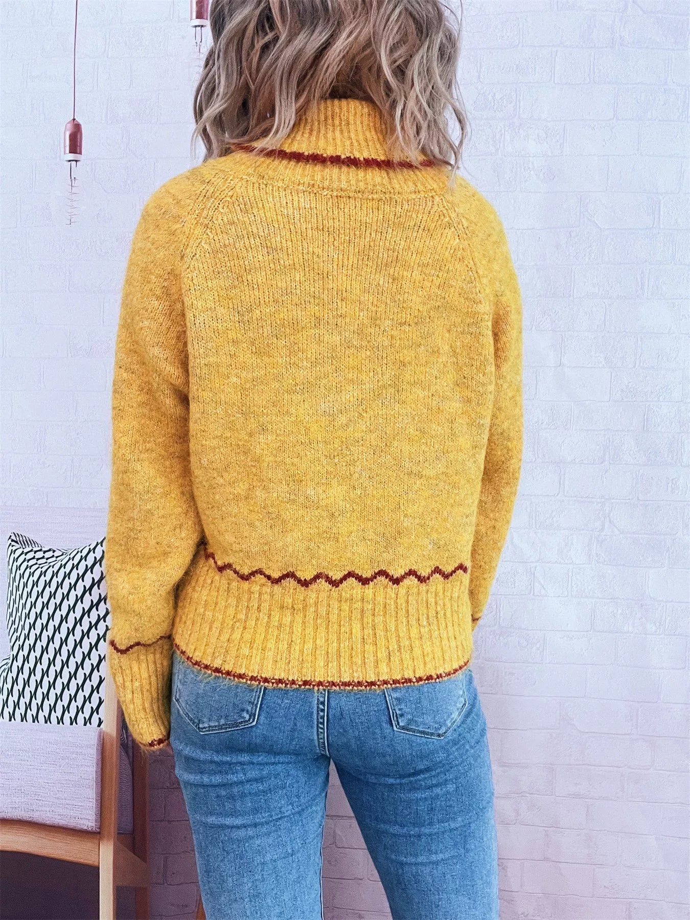 Ribbed Contrast Trim Long Sleeve Sweater 