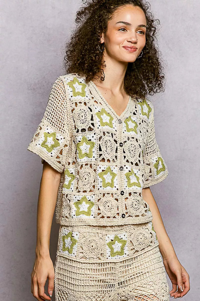 POL Button Front V-Neck Crochet Cardigan with Contast Star 
