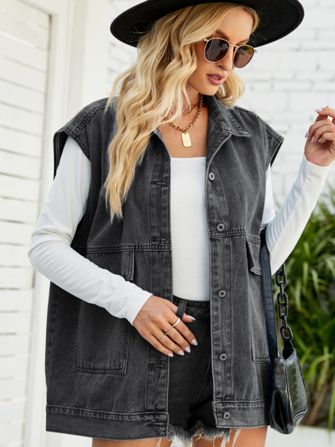 Collared Neck Sleeveless Denim Top with Pockets 