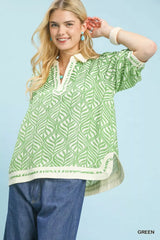 Umgee Geometric Leaf Print Popover Top 