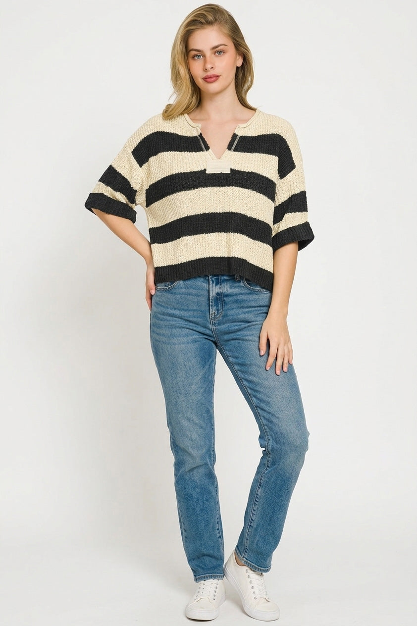 Zenana Split Neck Stripe Sweater 