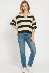 Zenana Split Neck Stripe Sweater 