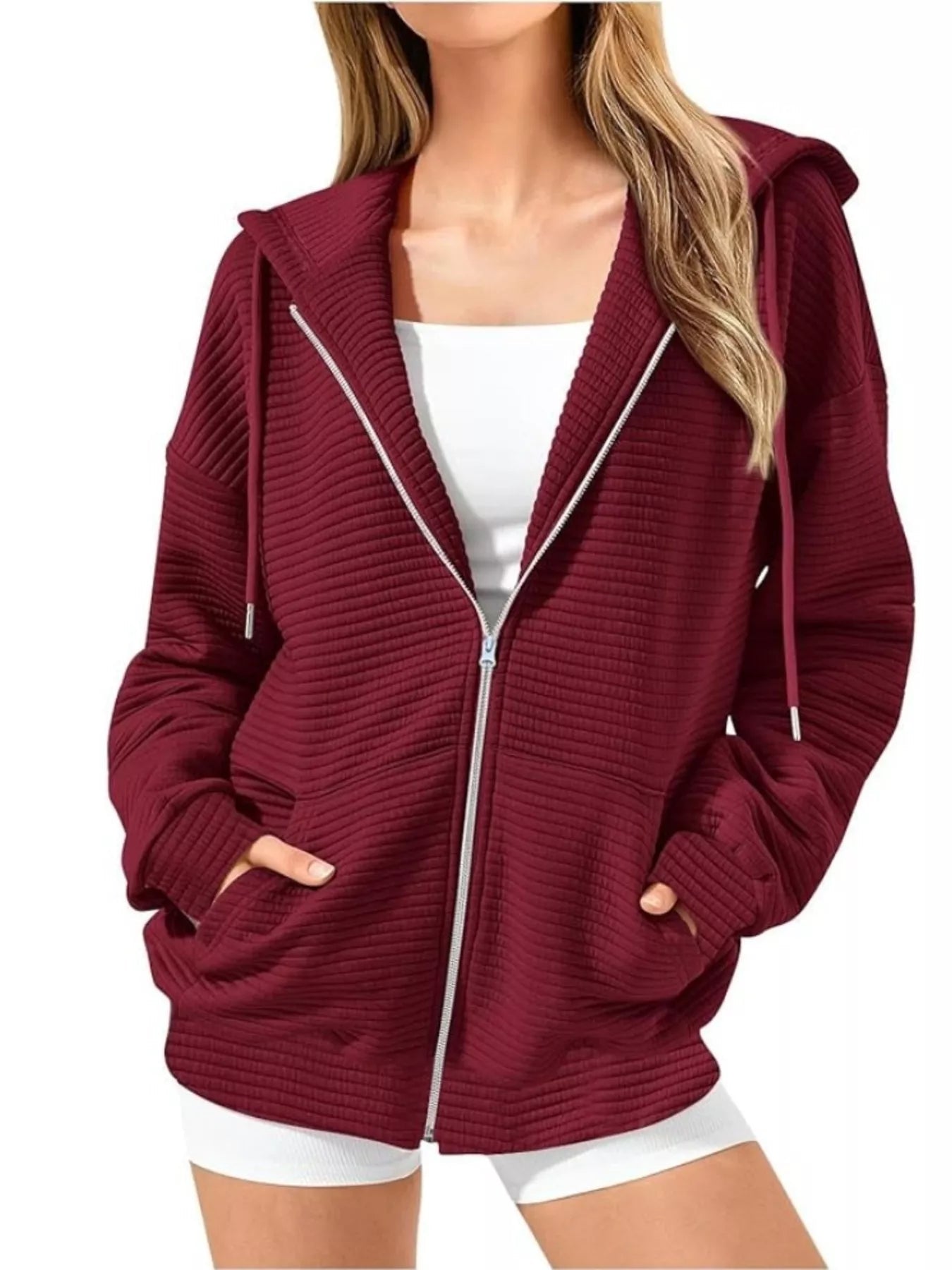 Drawstring Zip Up Dropped Shoulder Hoodie 
