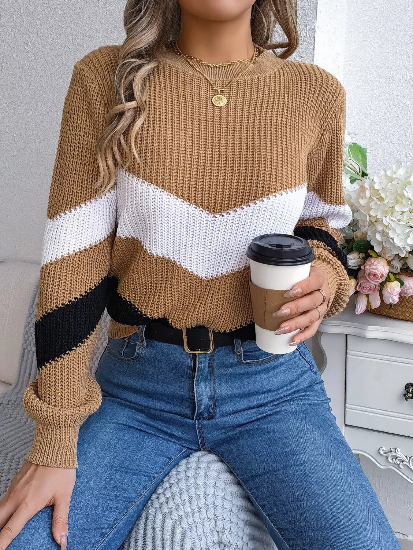 Chevron Stripe Color Block Round Neck Sweater 
