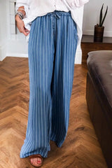 Stripe Chambray Wide Leg Tied Elastic Waist Jeans 