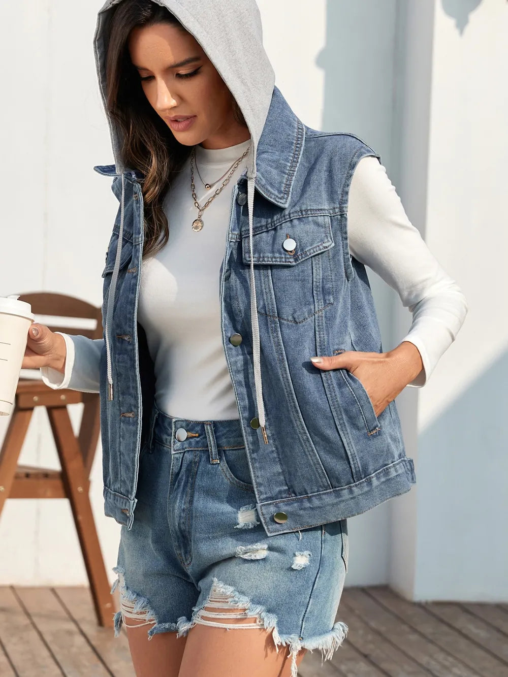 Pocketed Button Up Hooded Denim Jacket 