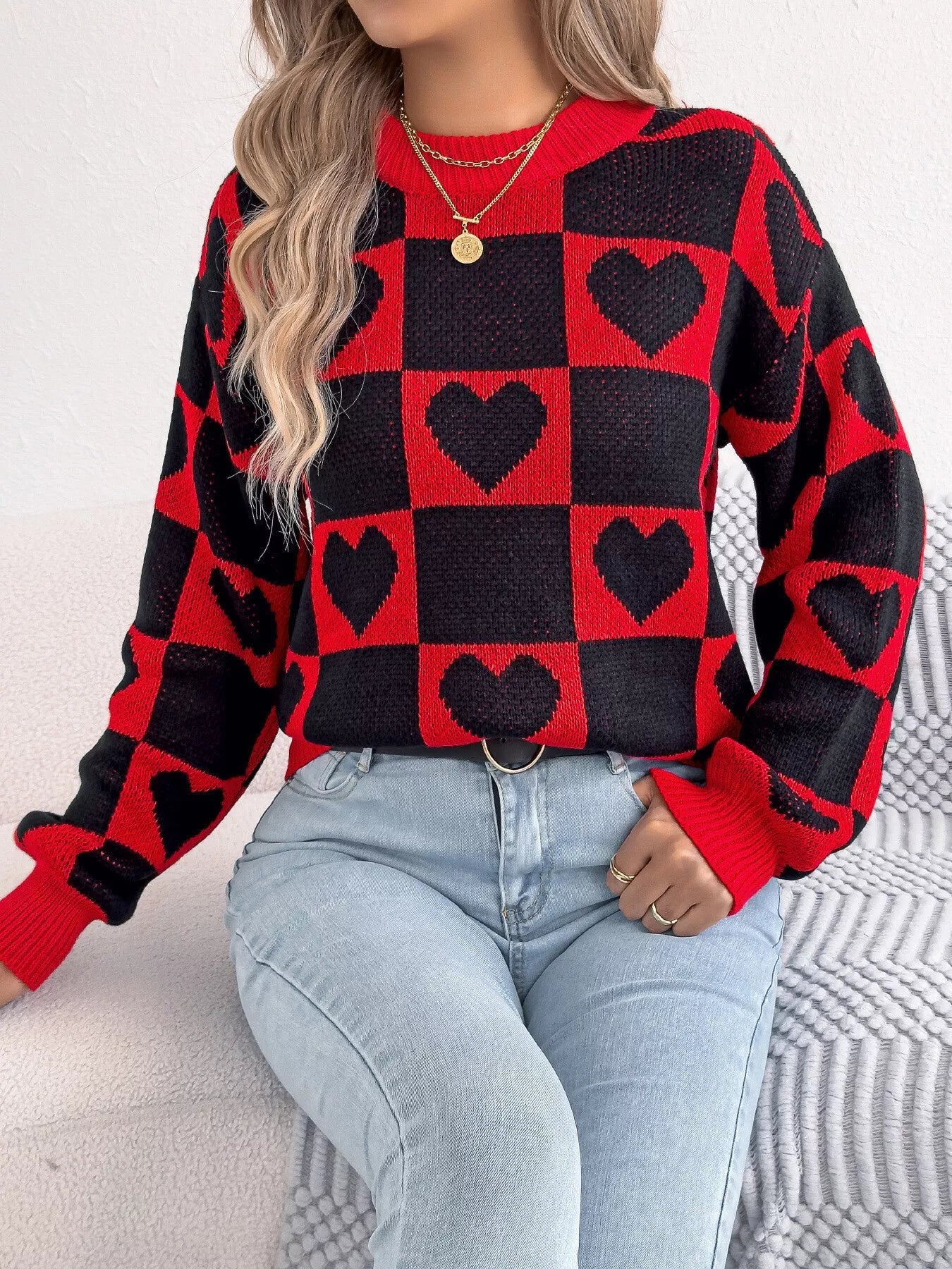 Heart Checkerboard Pattern Round Neck Sweater 