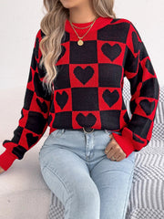 Heart Checkerboard Pattern Round Neck Sweater 