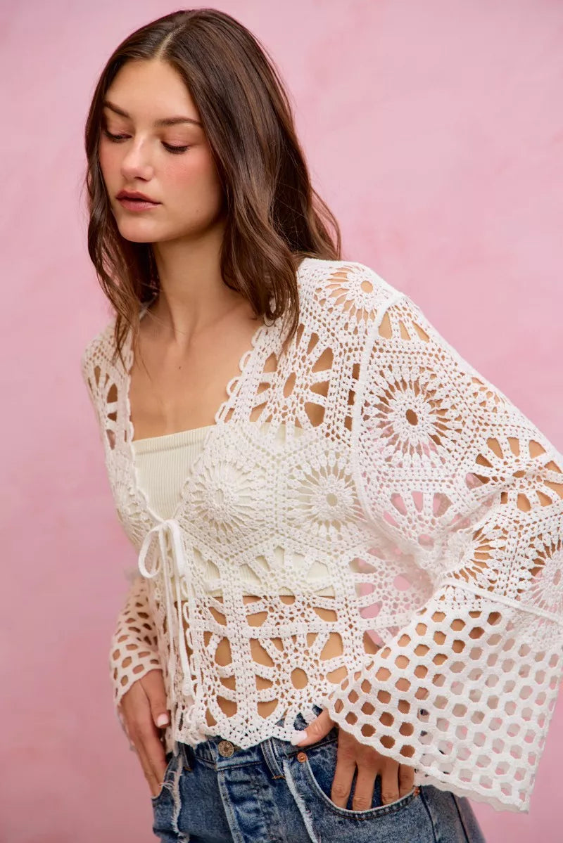 SO ME Floral Pattern Crochet Knit Tie Front Crop Cardigan 