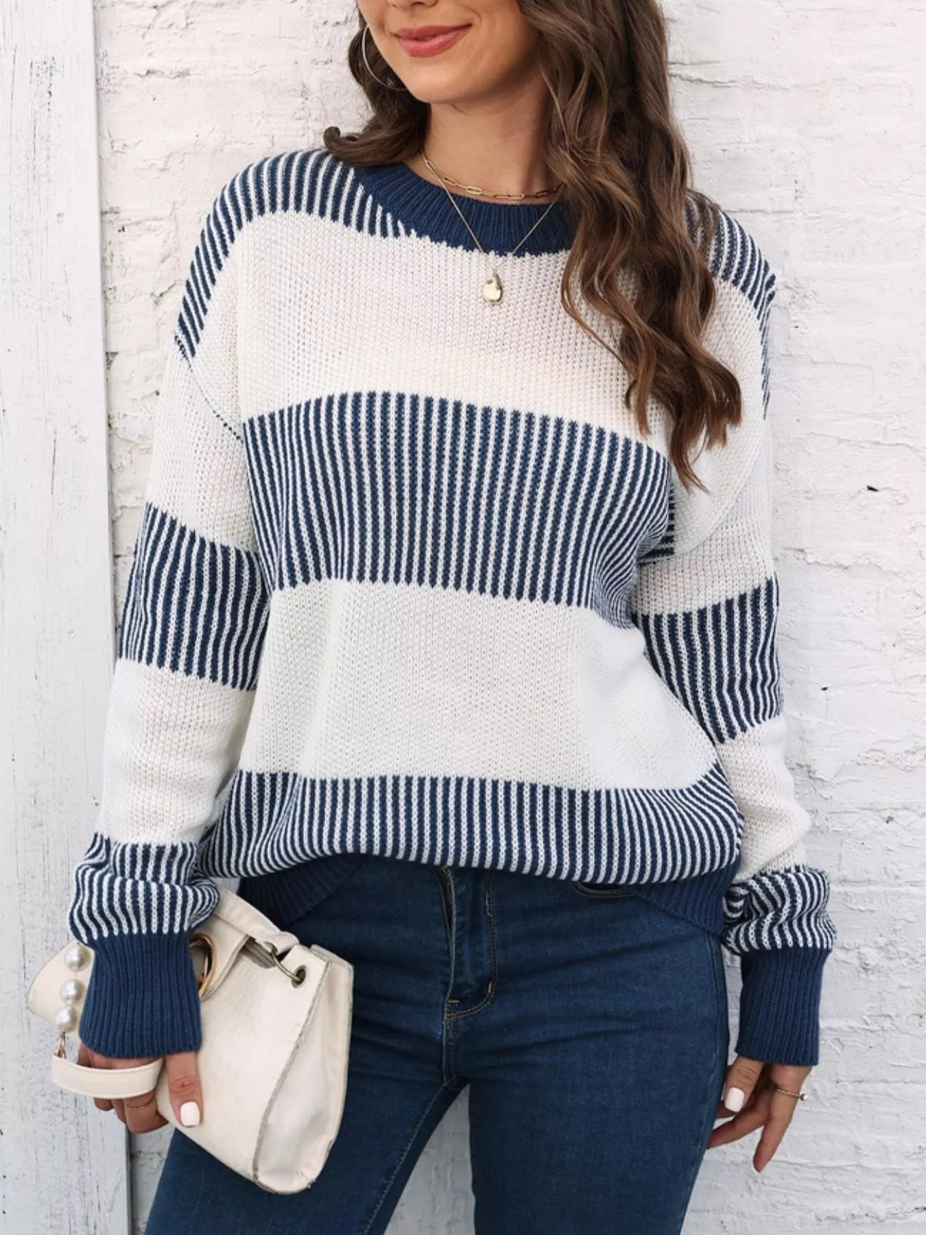Full Size Color Block Dropped Shoulder Sweater Plus Size 