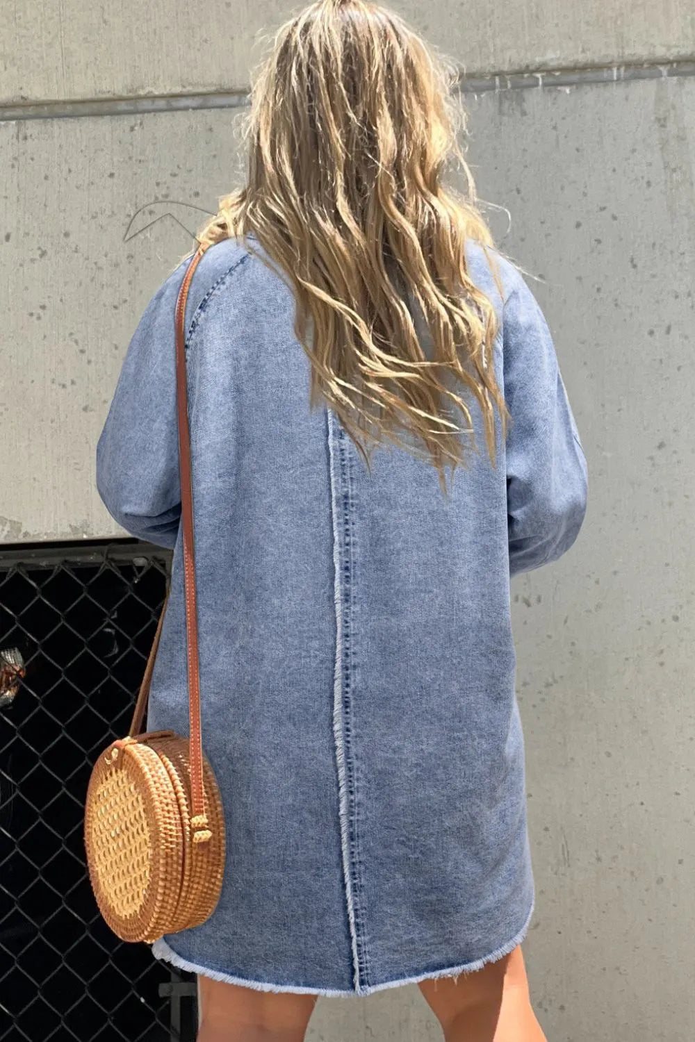 Raw Hem Button Down Long Sleeve Denim Dress 