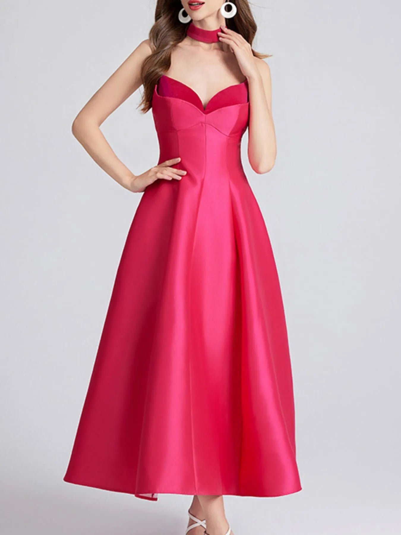 Sweetheart Spaghetti Strap Midi Dress with Collar 