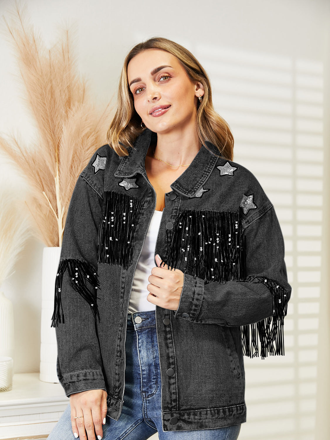Fringe Detail Long Sleeve Denim Jacket 