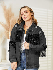 Fringe Detail Long Sleeve Denim Jacket 