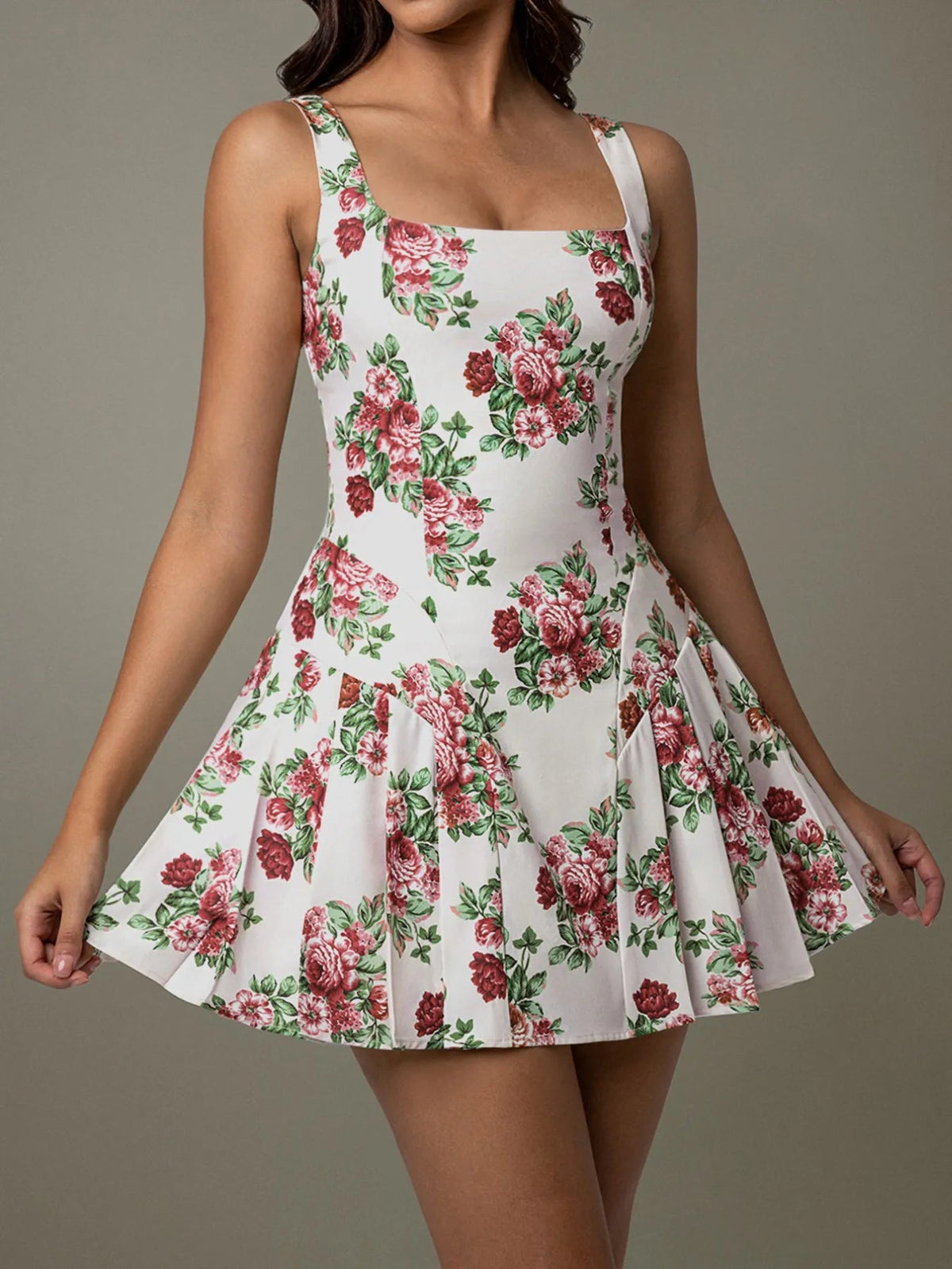 Pleated Floral Print Square Neck Mini Dress 