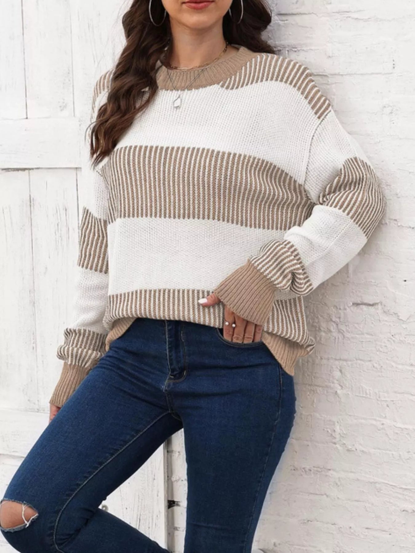 Full Size Color Block Dropped Shoulder Sweater Plus Size 