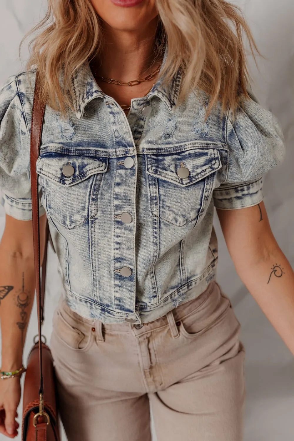 Wash Buttoned Chest Pocket Puff Sleeve Denim Jacket 