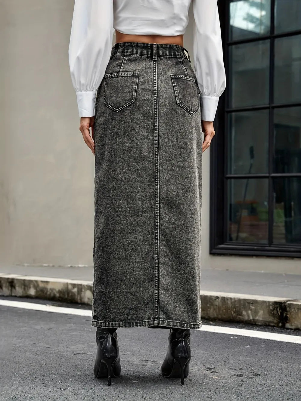 Button Up High Rise Denim Skirt 