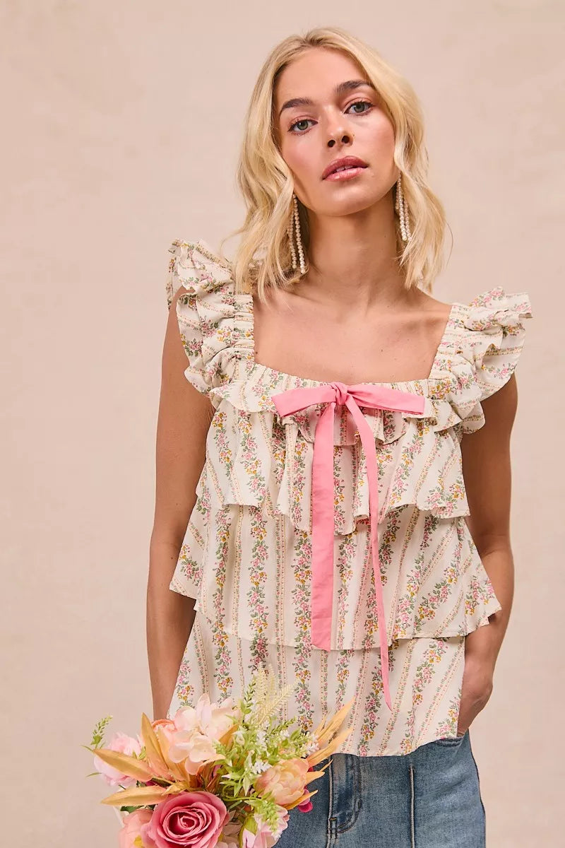 BiBi Floral Printed Woven Front Bow Tied Ruffled Square Neck Sleeveless Top 
