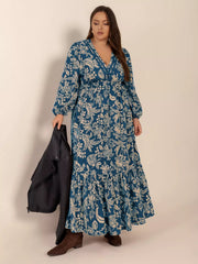 Plus Size Boho Floral Print Long Sleeve Maxi Dress 