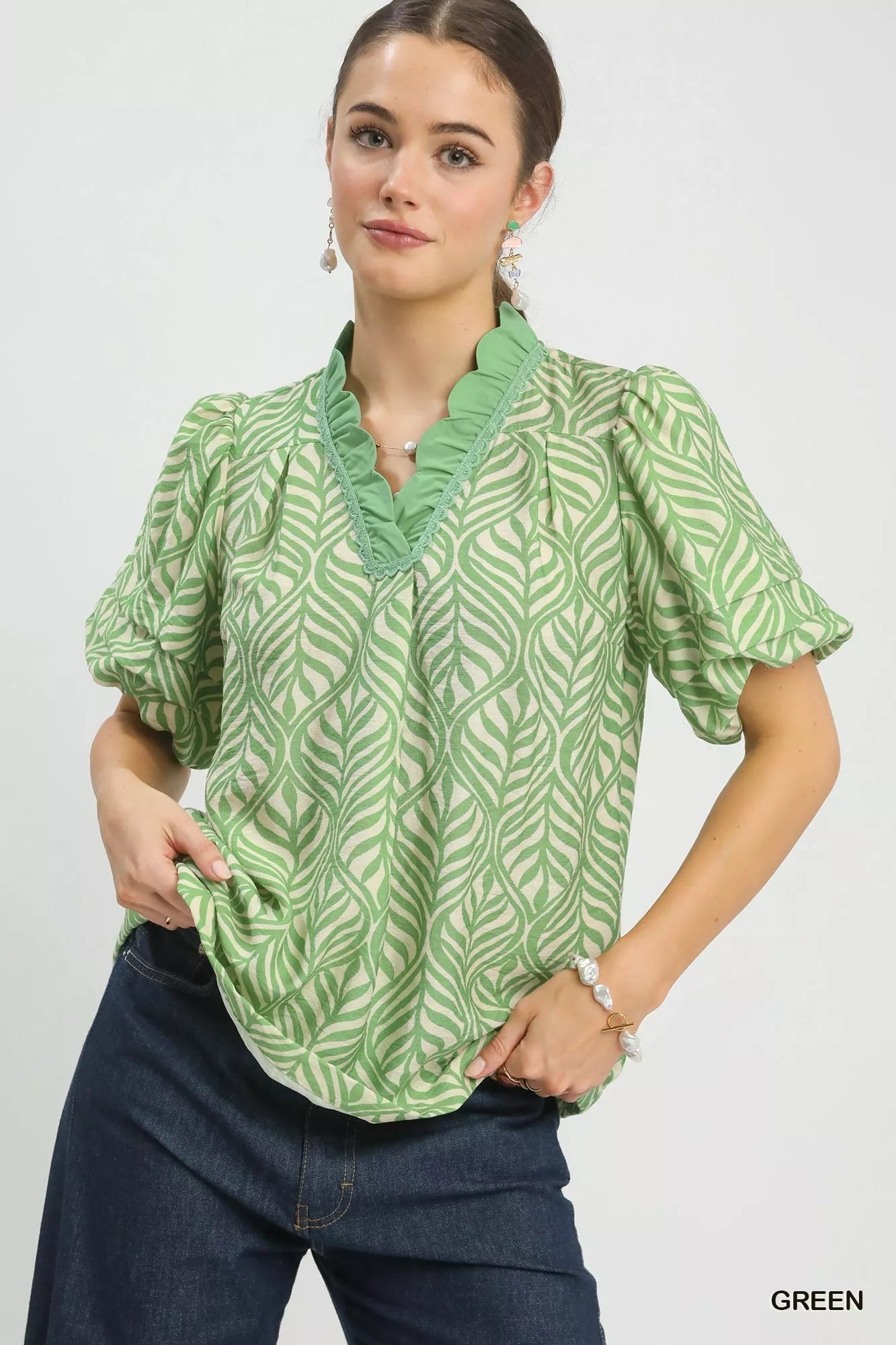 Umgee Printed Puff Sleeve Ruffle Neck Top 