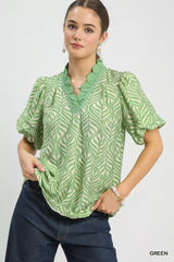 Umgee Printed Puff Sleeve Ruffle Neck Top 
