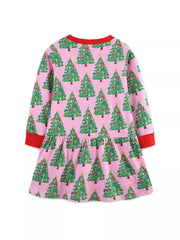 Children's Christmas Tree Print Long Sleeve Dress 