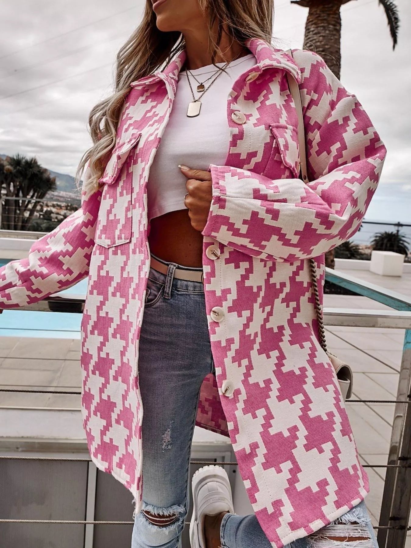 Houndstooth Button Up Long Sleeve Outerwear 