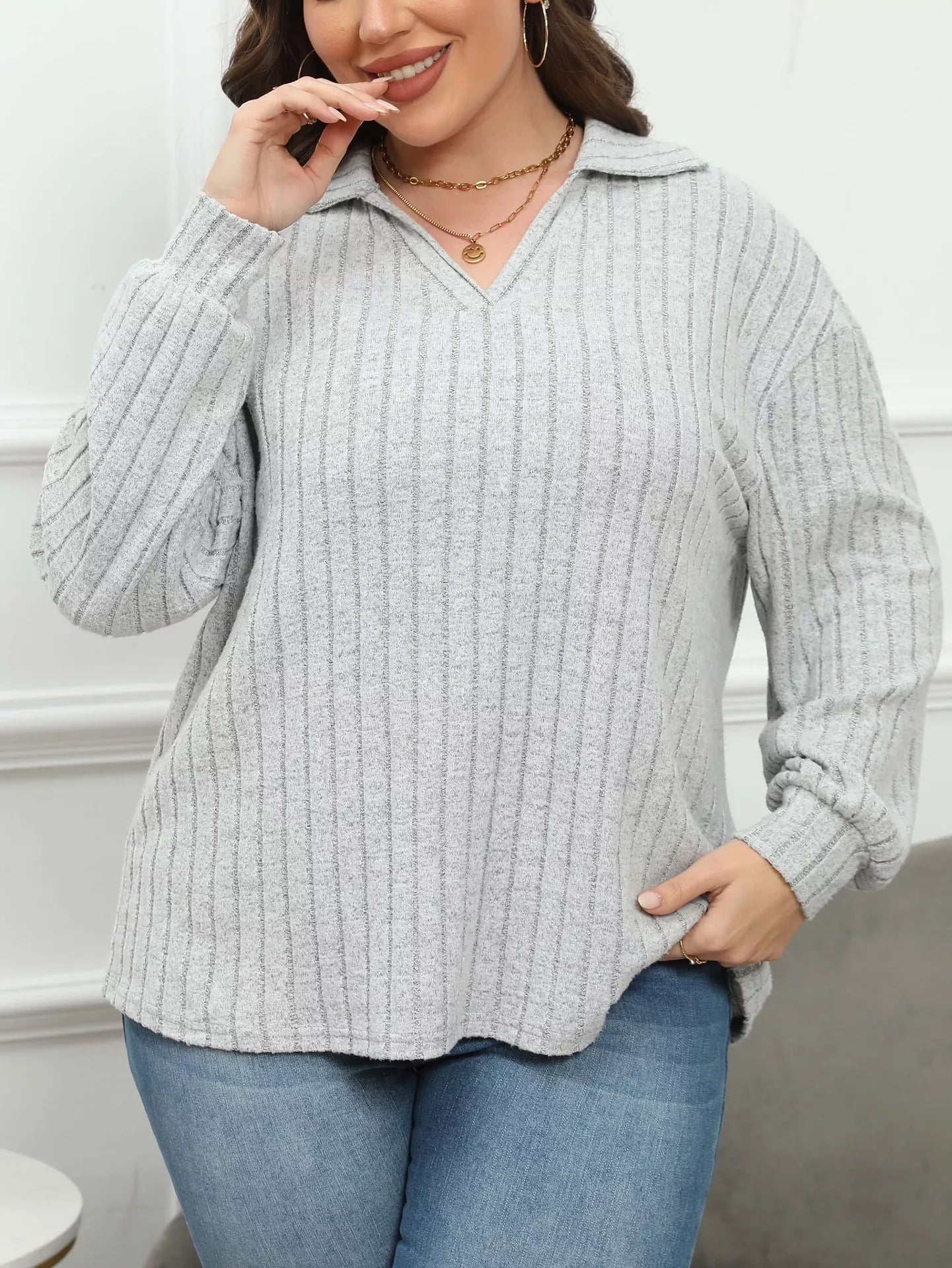 Plus Size Ribbed Knit Polo Collar T-Shirt 