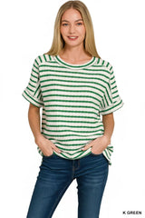 Zenana Stripe Jacquard Round-Meck Tee 