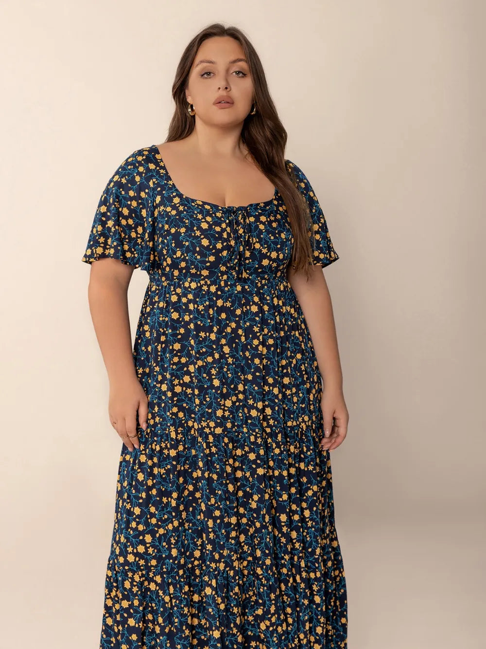 Plus Size Printed Short Sleeve Slit Tiered Maxi Dress 