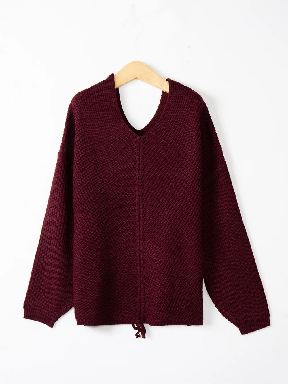 Full Size Lace Up V-Neck Long Sleeve Sweater 