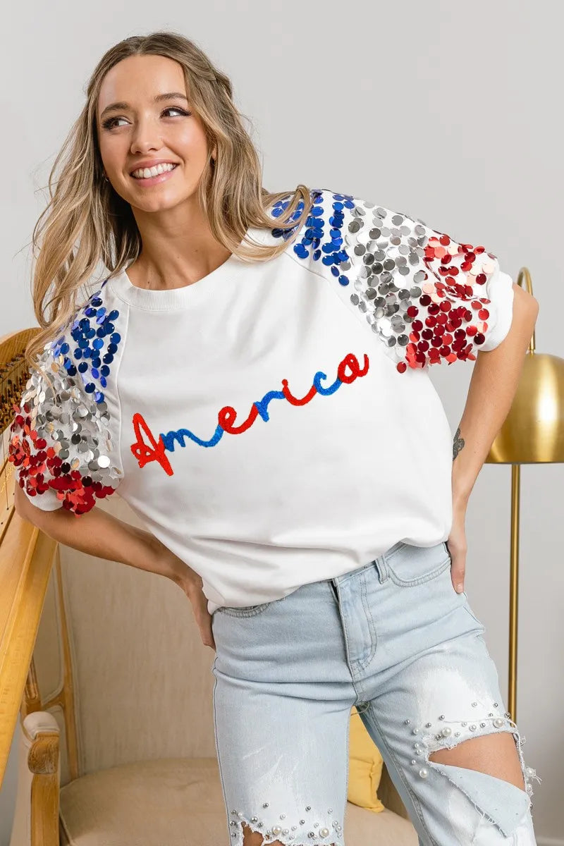 BiBi America Letter Applique Spangle Puff Sleeves Top 
