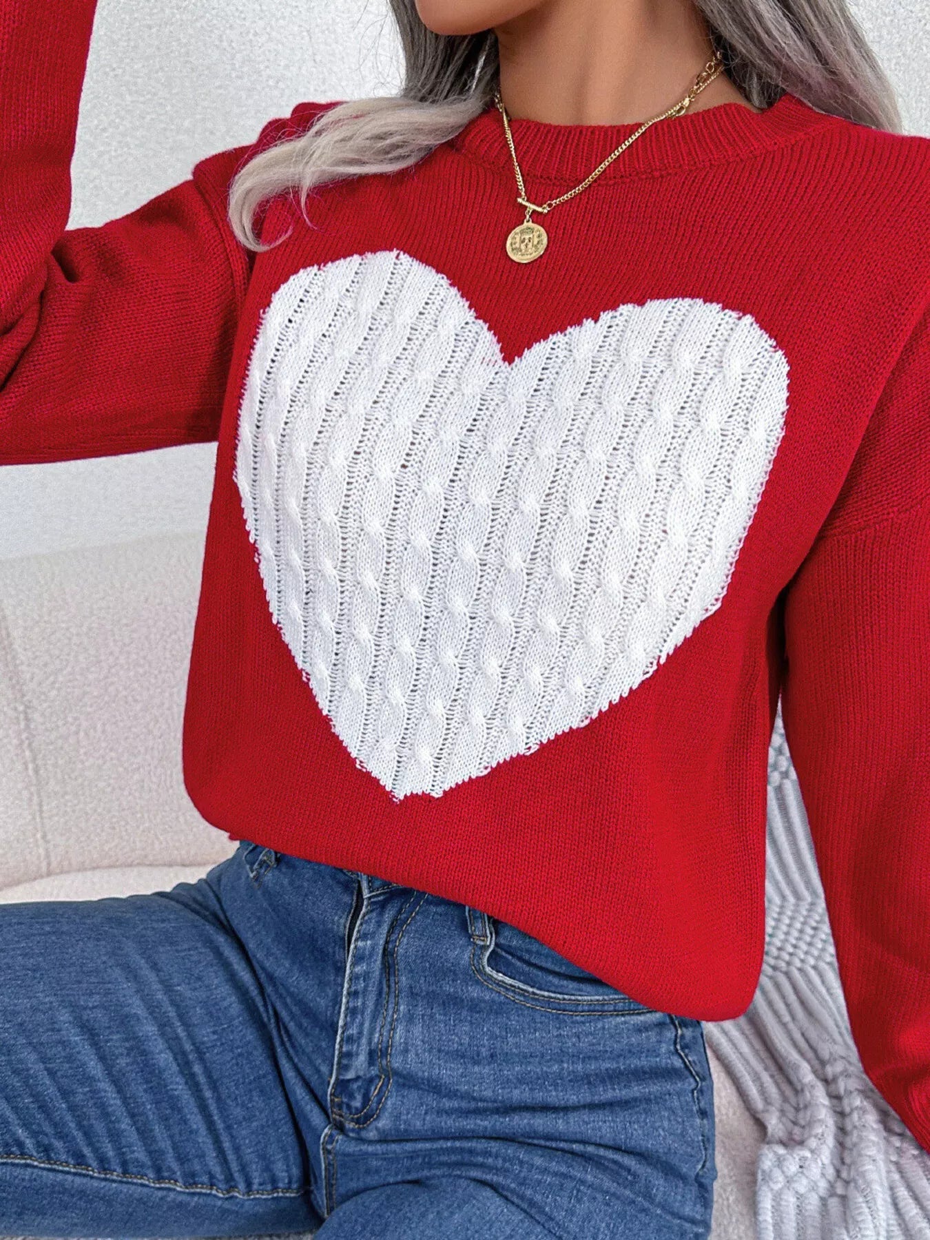 Cable Knit Heart Round Neck Sweater 