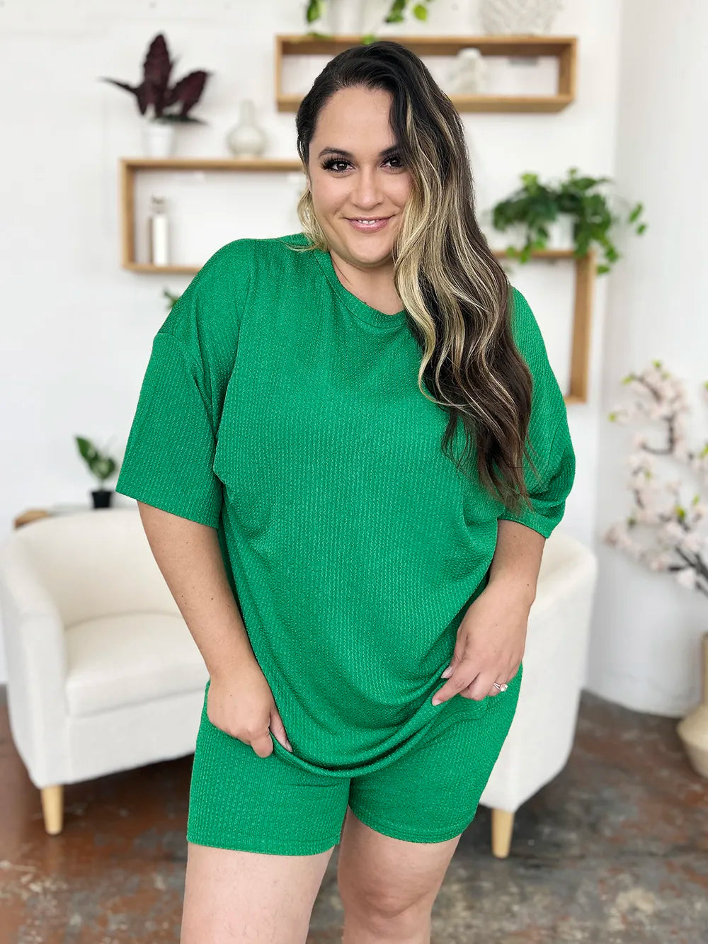 Double Take Full Size Texture Round Neck Drop Shoulder T-Shirt and Shorts Set 