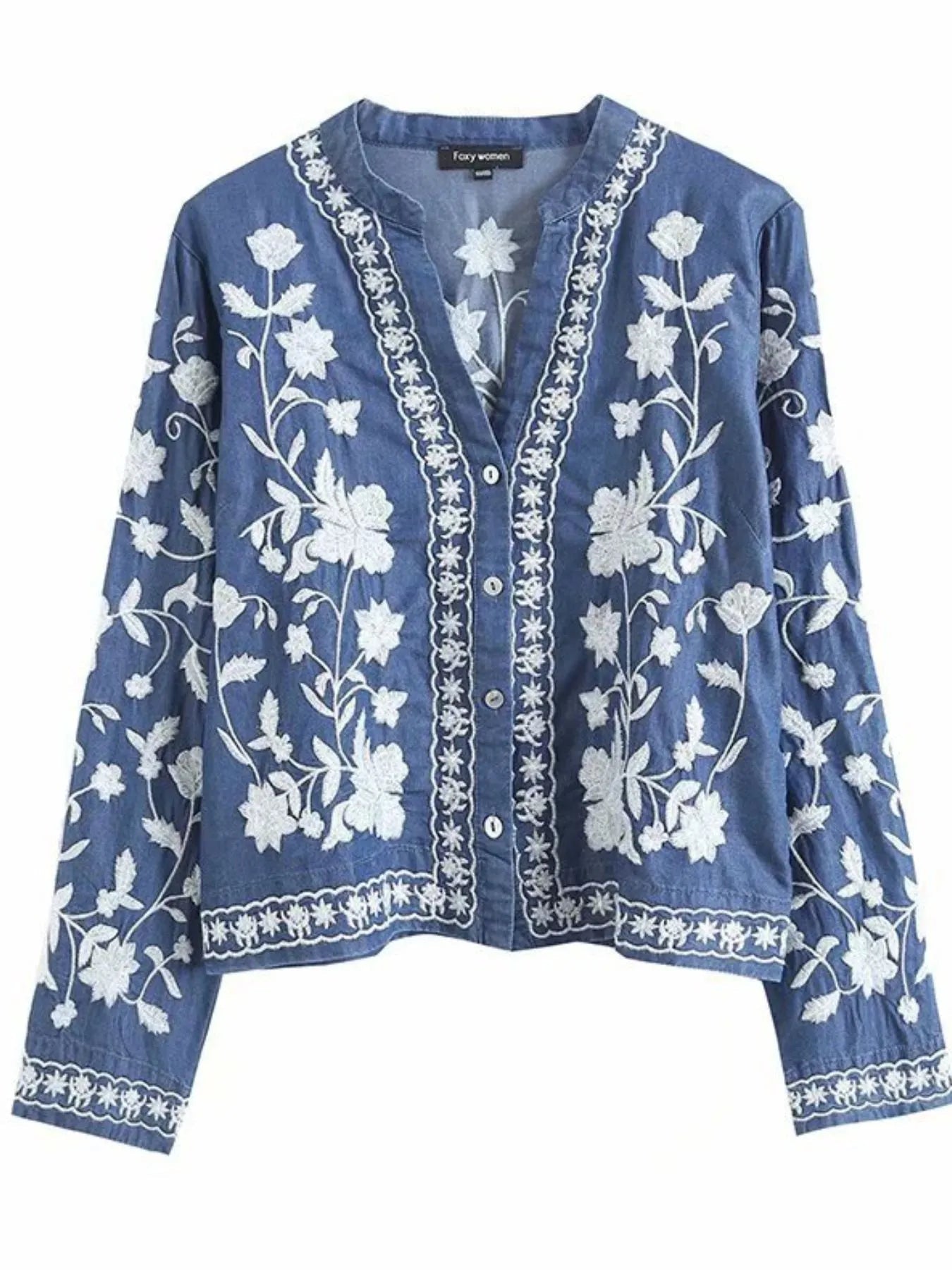 Floral Embroidered Button Up Denim Shirt 