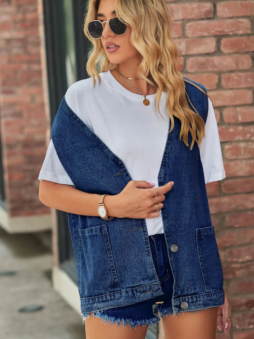 Full Size V-Neck Button Up Denim Vest 