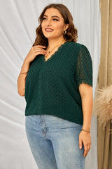 Plus Size Swiss Dot Spliced Lace V-Neck Blouse 