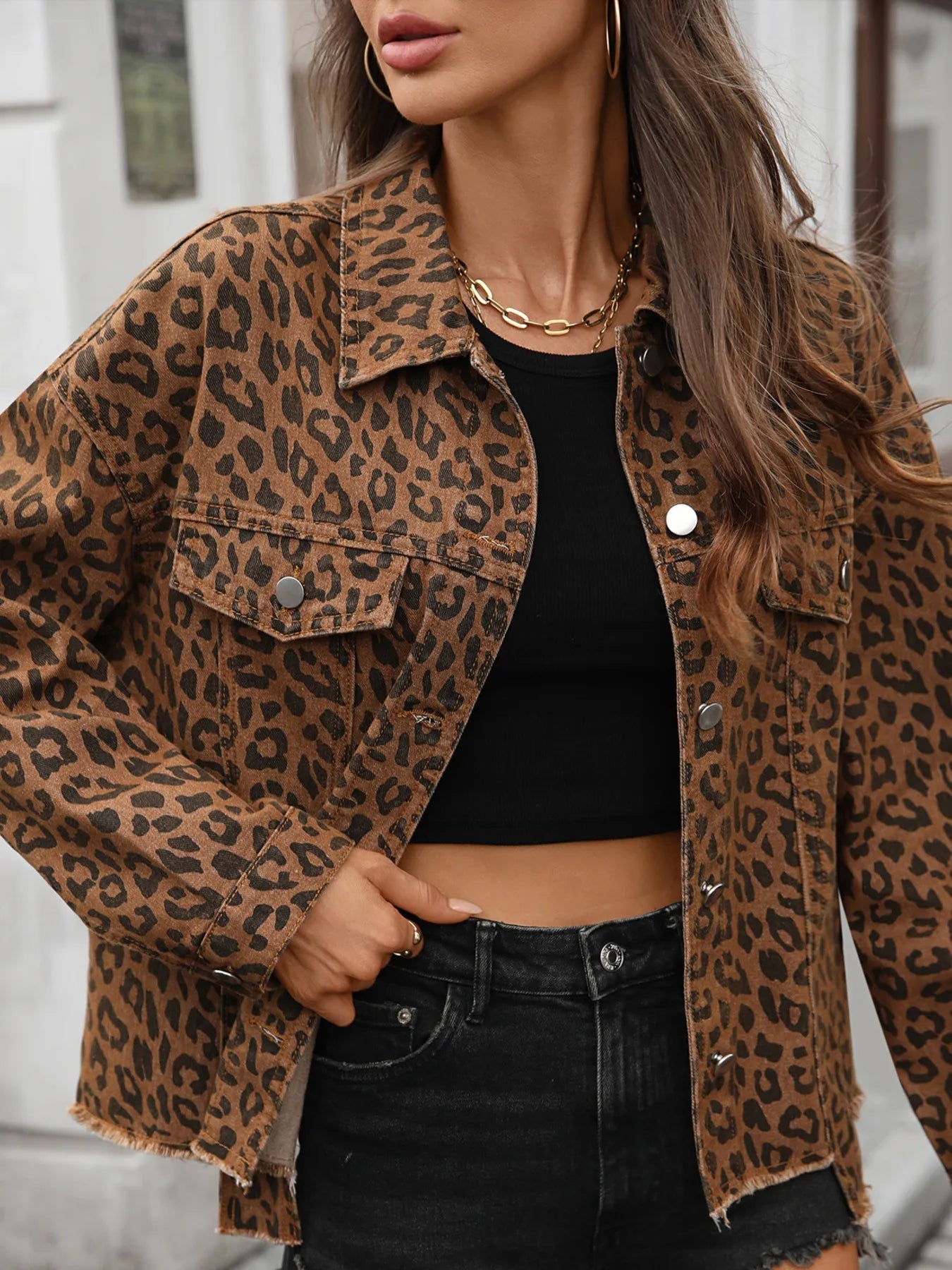 Leopard Print Raw Hem Denim Jacket 