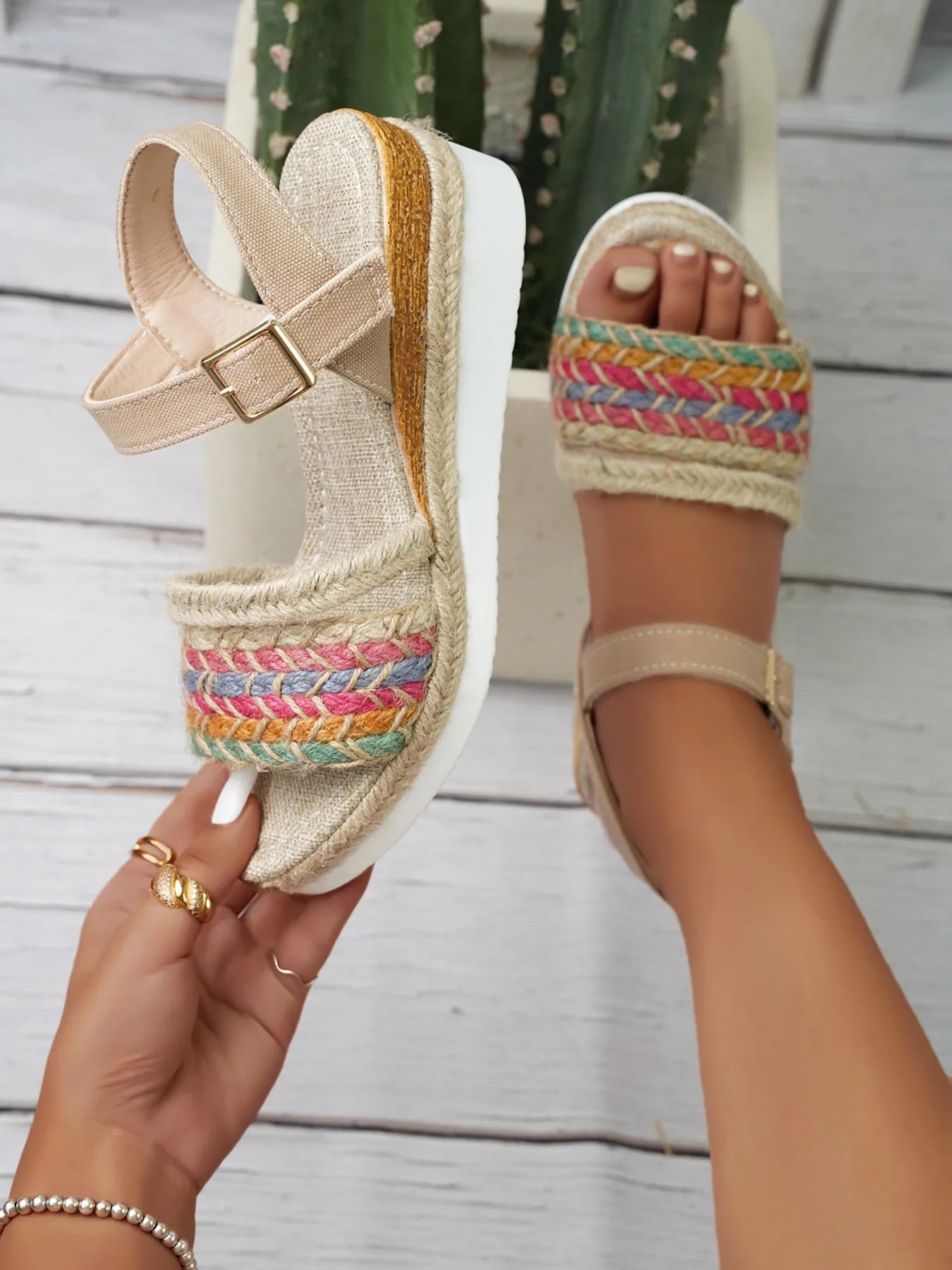 Braided Rainbow Platform Wedge Sandals 