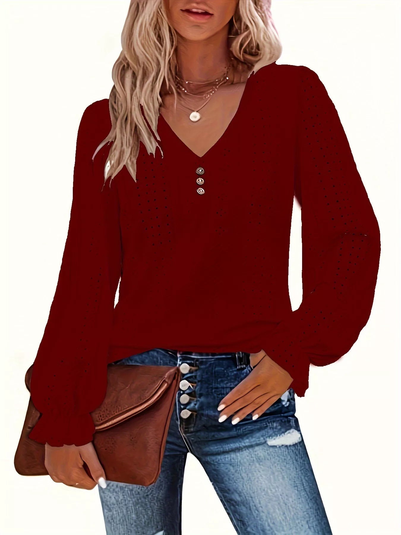 Plus Size Eyelet V-Neck Flounce Sleeve Blouse 