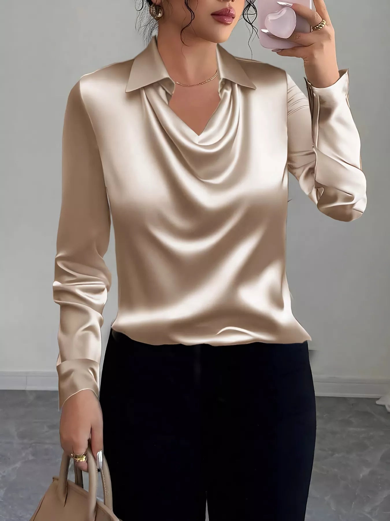 Satin Collared Neck Long Sleeve Blouse 