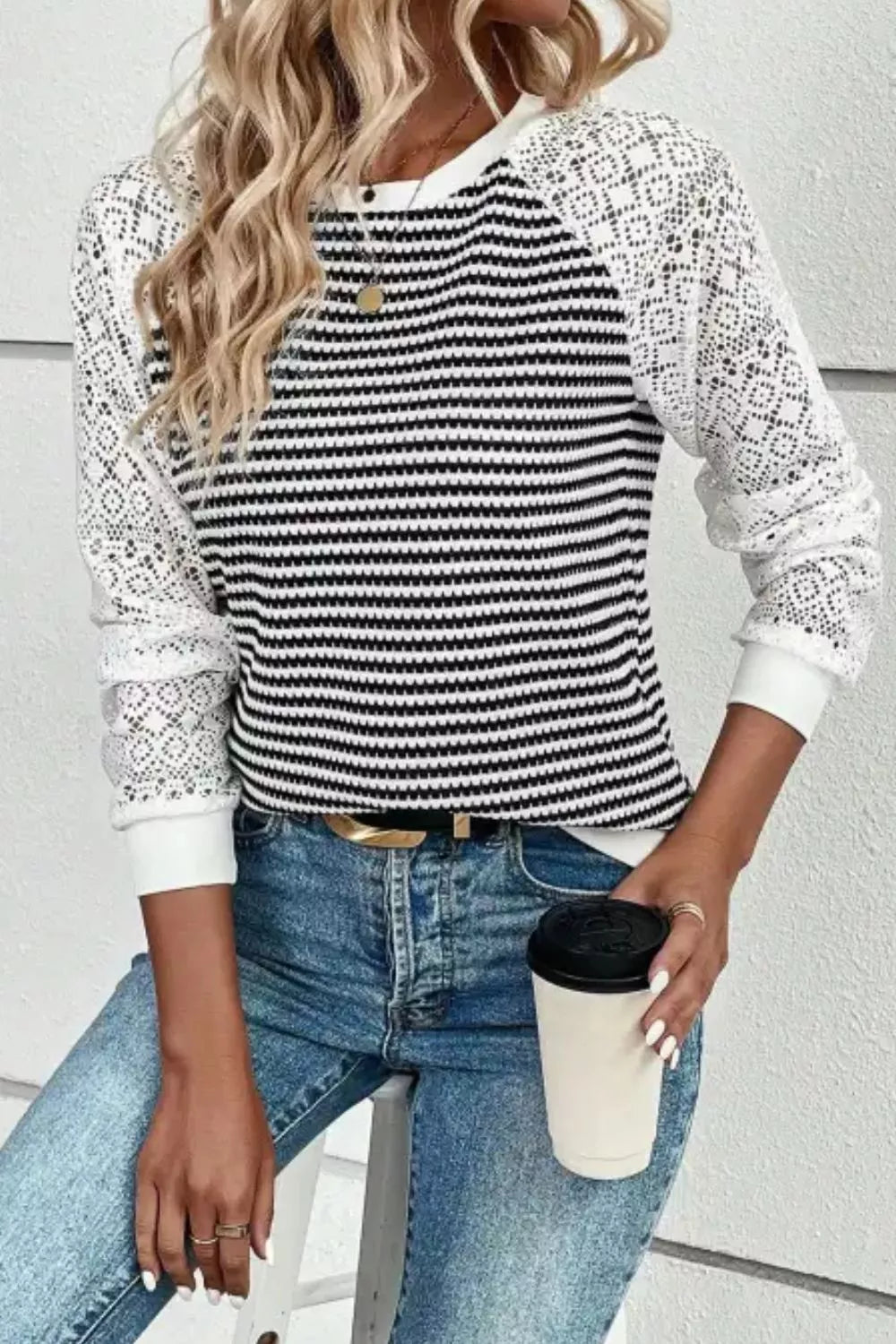 Striped Lace Raglan Sleeve Blouse 