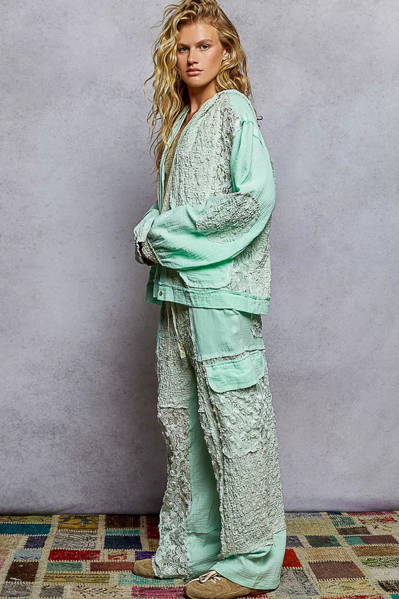 POL Exposed Seam Button Down Hooded Jacket with Lace Detail 