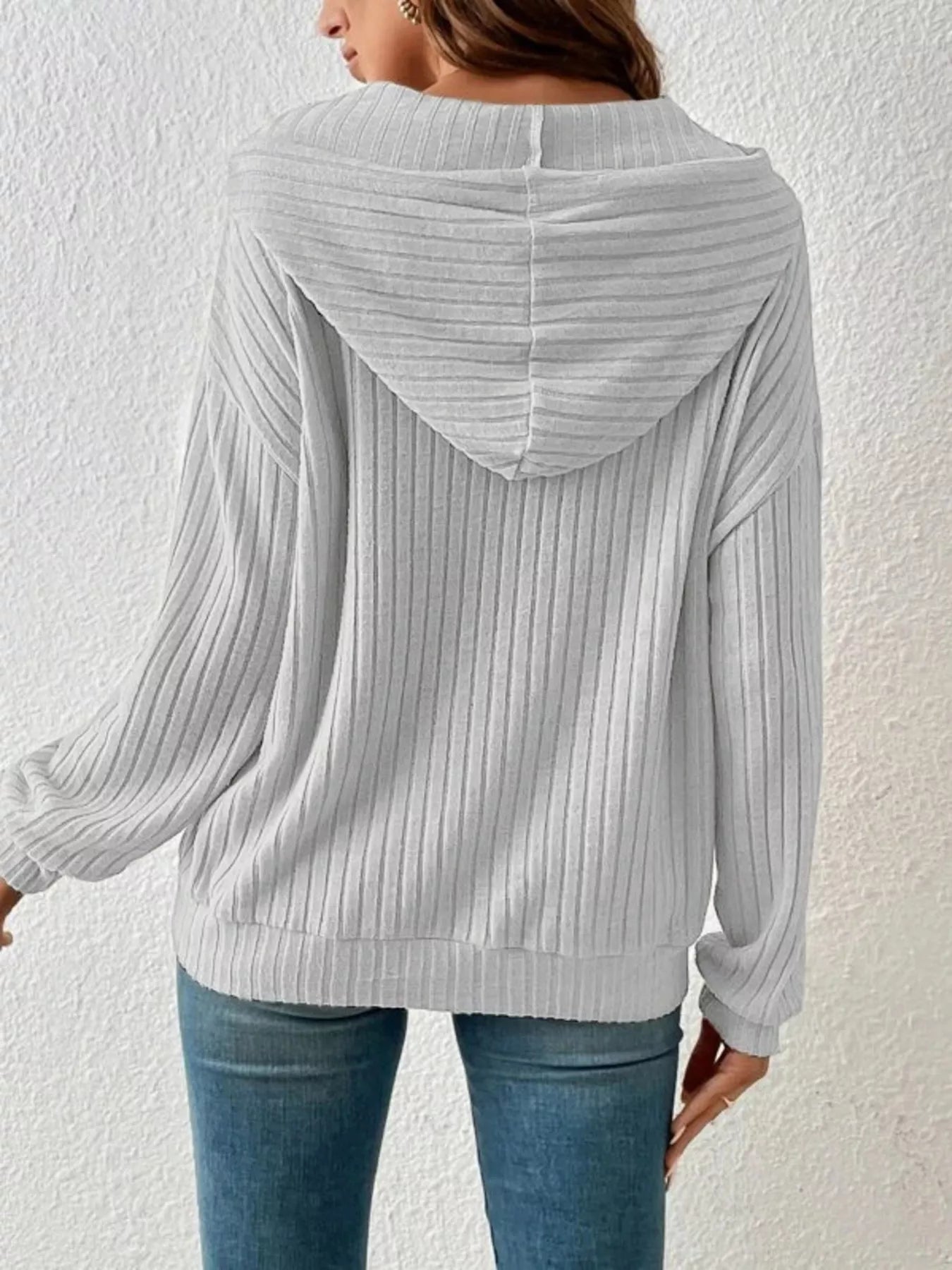 Casual Ribbed Knit Drawstring Hoodie 