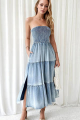 Smocked Tube Slit Tiered Denim Dress 