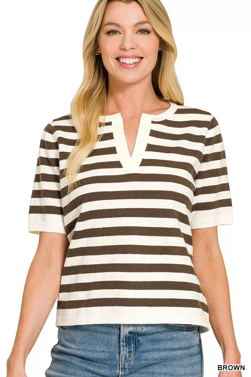 Zenana Split Neck Stripe Short Sleeve Sweater 