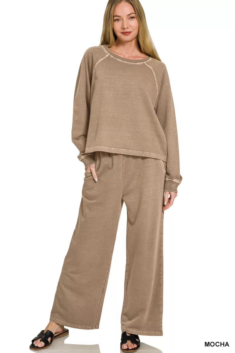 Zenana Washed F/terry Round Neck Pullover & Pants Set 
