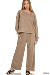 Zenana Washed F/terry Round Neck Pullover & Pants Set 